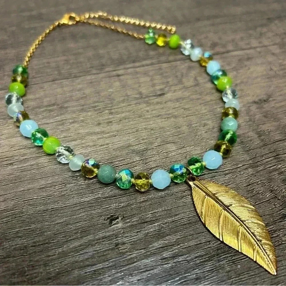 Multi Colored Beaded Gold Tone Leaf Pendant Gold Tone Chain Necklace